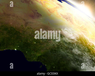 Niger und Nigeria Region aus der Umlaufbahn der Erde im Weltraum bei Sonnenaufgang. 3D Illustration mit hochdetaillierten realistischer Planet Vertikalfilter Stockfoto