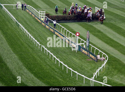 Pferderennen - 2010 John Smith's Grand National - Tag zwei - Aintree Racecourse. Pferde springen während der John Smith's Topham Chase am Ladies Day des Grand National Meetings auf der Aintree Racecourse, Liverpool. Stockfoto