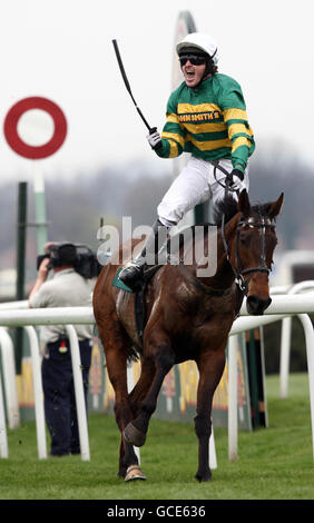 Pferderennen - 2010 John Smith's Grand National - Tag drei - Aintree Racecourse. Tony McCoy feiert auf Don't Push IT nach dem Gewinn des John Smith's Grand National auf der Aintree Racecourse, Liverpool. Stockfoto