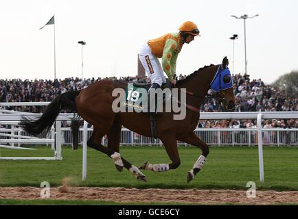 Pferderennen - 2010 John Smith's Grand National - Tag zwei - Aintree Racecourse. Heathcliff wird von Jockey Oliver Greenall geritten, der vor der Handicap-Hürde von John Smith im Jahr smithythehorse.com posten wird Stockfoto