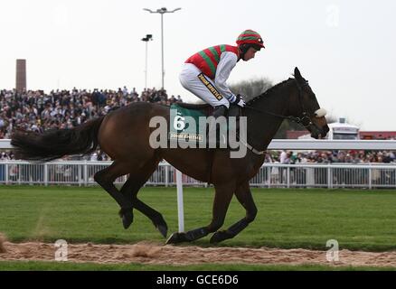 Pferderennen - 2010 John Smith's Grand National - Tag zwei - Aintree Racecourse. Whinestone Boy, geritten von Jockey P F Mangan, der vor der Handicap-Hürde von John Smith im Jahr smithythehorse.com posten wird Stockfoto