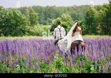 Die Braut und Bräutigam Reiten auf dem Pferd über ein Feld von lupine Stockfoto