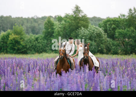 Die Braut und Bräutigam Reiten auf dem Pferd über ein Feld von lupine Stockfoto