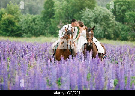 Die Braut und Bräutigam Reiten auf dem Pferd über ein Feld von lupine Stockfoto