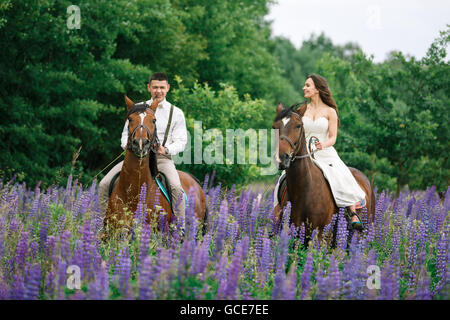 Die Braut und Bräutigam Reiten auf dem Pferd über ein Feld von lupine Stockfoto