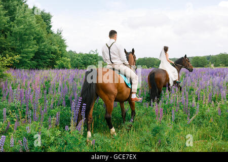 Die Braut und Bräutigam Reiten auf dem Pferd über ein Feld von lupine Stockfoto