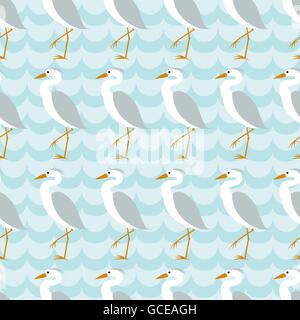 Nahtlose Muster mit Reiher auf blaue Welle Hintergrund. Stock Vektor