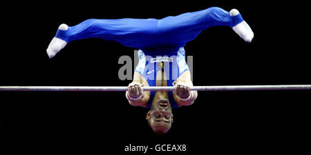 Gymnastik - Europameisterschaften Der Herren 2010 - Tag Zwei - Nationale Hallenarena. Der Rumäne Adrian Bucur tritt bei den Europameisterschaften im NIA, Birmingham, an der High Bar an. Stockfoto