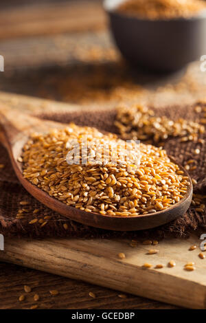 Rohe organische goldenen Leinsamen in einem Löffel Stockfoto