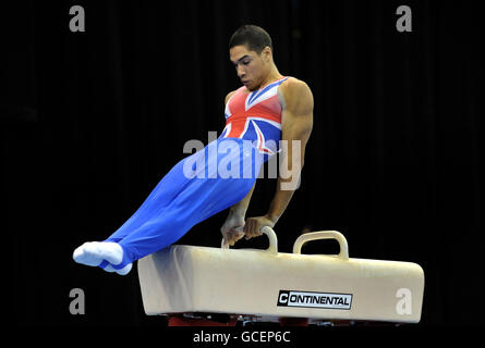 Der britische Louis Smith gewinnt Silber auf dem Pauschenpferd beim Einzelapparatfinale der European Artistic Championships im NIA, Birmingham. Stockfoto