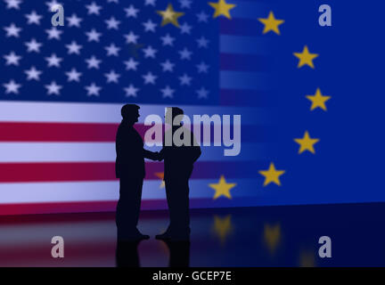 Zwei Geschäftsleute Händeschütteln vor der USA-Flagge und EU-Flagge, Computer Grafik Stockfoto