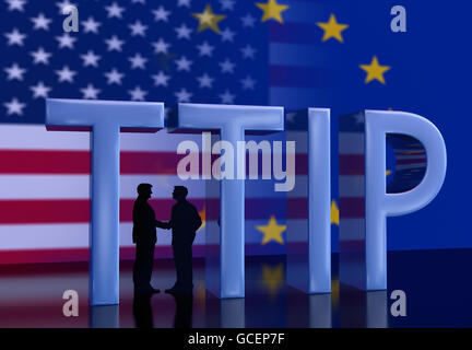 Zwei Geschäftsleute Händeschütteln vor USA-Flagge und EU-Flagge, schreiben, FTA, Freihandelsabkommen TTIP, Computer Grafik Stockfoto