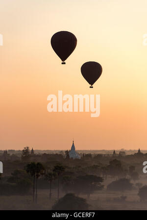 Heißluftballone im Flug über Tempel, gesehen vom Pyathada Paya, Bagan, Myanmar Stockfoto