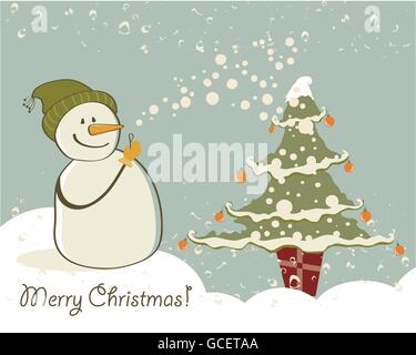 Schneemann mit Geschenken neben Weihnachtsbaum Stock Vektor