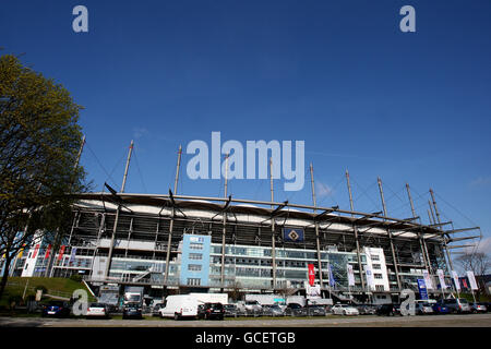 Fußball - Stadionbestand - HSH Nordbank Arena. Gesamtansicht der Außenansicht der HSH Nordbank Arena, Heimat des Hamburg SV Stockfoto