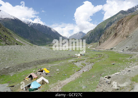 Straße durch hohe Weide, Zojila Pass, Leh, Srinagar Straße, Ladakh, Jammu und Kaschmir, Indien Stockfoto