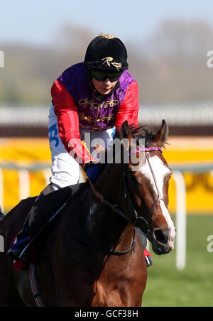 Taktiker unter Hayley Turner (schwarze Kappe) gewinnt die racinguk.com Maiden-Einsätze auf der Rennbahn Newbury in Bekshire. Stockfoto