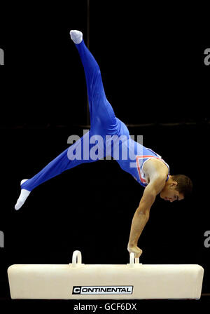 Gymnastik - Europameisterschaften Der Herren 2010 - Tag Zwei - Nationale Hallenarena. Der britische Louis Smith tritt auf dem Pommel Horse während der Europameisterschaft im NIA in Birmingham an. Stockfoto