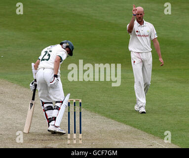 David Harrison von Glamorgan (rechts) feiert das 3-gewinnt-Spiel von Richard Jones LBW in Worcestershire während der LV County Championship, Division Two in New Road, Worcester. Stockfoto