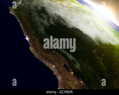 Peru-Region von der Umlaufbahn der Erde im Weltraum bei Sonnenaufgang. 3D Illustration mit detailreichen, realistischen Planetenoberfläche. Elemente Stockfoto