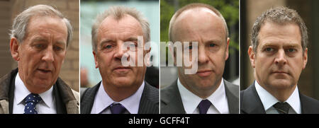 File photos dated 14/04/10 of (left to right) former British Airways UK and Ireland Sales Chief Alan Burnet, former British Airways former Head of Communications Iain Burns, former British Airways Commercial Director Martin George und British Airways Head of Sales Andrew Crawley. Drei ehemalige Führungskräfte von British Airways und der Vertriebs- und Marketingleiter des Unternehmens werden heute wegen Anschuldigungen zur Preisfestsetzung vor Gericht gestellt. Stockfoto