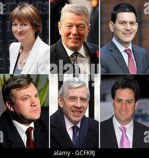 Fotos von (1. Reihe, links - rechts) Harriet Harman, Alan Johnson, David Miliband (2. Reihe, links - rechts) Ed Balls, Jack Straw und Ed Miliband. Gordon Brown kündigte an, dass er als Labour-Chef aufgibt, als er enthüllte, dass Nick Clegg formelle Gespräche mit seiner Partei über eine zukünftige Regierung beantragt hatte. Die Labour-Partei-Mitglieder würden zu den Favoriten gehören, um die Nachfolge von Brown anzutreten. Stockfoto