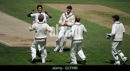 Surreys Bowler Jade Dernbach (links) feiert mit Rory Hamilton-Brown (unten), nachdem Stuart Meaker (Mitte) 14 den Vikram Banerjee von Gloucestershire erwischt hat. Stockfoto