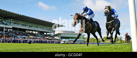 Welle des Applaus von Wayne Lordan gewinnt die Irish Hengst Farms European Breeders Fund Auction Maiden während des Derrinstown Derby Trial Day auf der Leopardstown Racecourse, Leopardstown. Stockfoto