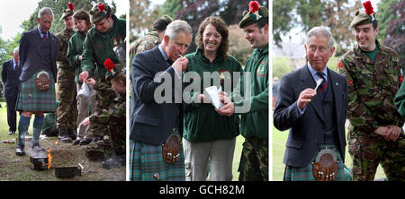 Eine Zusammenstellung von Fotos zeigt den Prinzen von Wales, der auch Royal Colonel des 3. Bataillons des Royal Regiment of Scotland ist, als er einige warme Speisen probiert, die auf einem Feuer vom Army Cadet Force Outreach Project zubereitet werden, und reagiert, nachdem er feststellt, wie heiß es ist. Bei einem Besuch im Balhousie Castle in Perth. Eines von einer Reihe von offiziellen Engagements in Schottland heute. Stockfoto