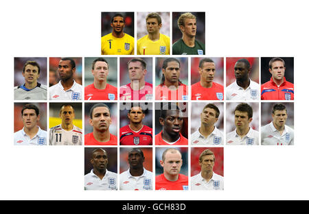 Gesamtbild der 23-Mann-Mannschaft aus England für die Weltmeisterschaft 2010 in Südafrika. Torhüter (oberste Reihe von links) David James, Robert Green, Joe Hart. Verteidiger (zweite Reihe von links) Stephen Warnock, Ashley Cole, John Terry, Jaime Carragher, Glen Johnson, Rio Ferdinand, Ledley King, Matthew Upson. Mittelfeldspieler (dritte Reihe von links) Gareth Barry, Joe Cole, Aaron Lennon, Frank Lampard, Shaun Wright-Phillips, Steven Gerrard, Michael Carrick, James Milner. Nach vorne (untere Reihe von links) Jermain Defoe, Emile Heskey, Wayne Rooney, Peter Crouch. Stockfoto