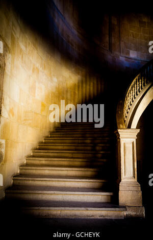 Alte Treppe aus reinem weißem Marmor im gotischen Stimmung Stockfoto