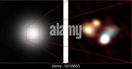 Erstes hochauflösendes Bild eines entfernten Quasars, das im Rahmen eines europaweiten Projekts mit Radioteleskopen aufgenommen wurde, die bei meterhohen Radiowellenlängen arbeiten. Dieser Wellenlängenbereich war bisher für solche detaillierten Beobachtungen nicht zugänglich, da die Teleskope weit auseinander liegen müssen. Das erste Bild, das feine Details des Quasars 3C 196 zeigt, der bei Wellenlängen zwischen 4 und 10 m beobachtet wurde, wurde mit nur einem kleinen Bruchteil des endgültigen LOFAR-Arrays erreicht, das große Teile Europas abdecken wird. Am Chilbolton Observatory in der Nähe von Andover, Hampshire, wird ein neues Antennenfeld errichtet. Stockfoto