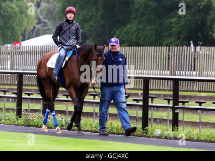 Noble's Promise von Kieren Fallon und American Horse Trainer Kenny McPeak im Paradering während der Galopprennen auf der Newmarket Racecourse. Stockfoto