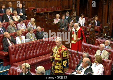 Ian Paisley, der ehemalige nordirische erste Minister, nahm heute als Lord Bannside seinen Platz im Oberhaus ein. Stockfoto