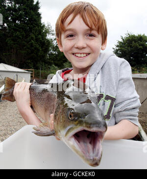 Daniel Faith, 10, bekommt eine große Braune Forelle am River Bush Salmon Station Open Day, in Bushmills Co Antrim zu halten. Die Öffentlichkeit wurde durch die Station geführt, wo sie die Brutstätte und die Fischaufzuchtanlage sowie Lachs in verschiedenen Entwicklungsstadien sahen. Stockfoto