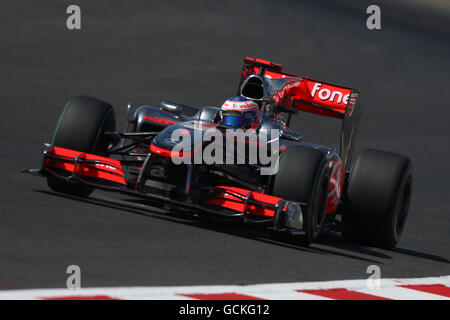 Vodafone McLaren Mercedes' Jenson Button während eines Trainingstages vor dem Santander British Grand Prix auf dem Silverstone Circuit, Northampton. Stockfoto