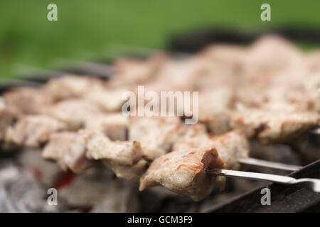 Vorbereitung von Schweinefleisch Schaschlik auf Kohlenbecken auf dem Lande Stockfoto
