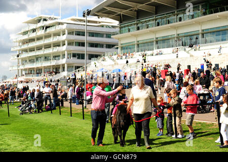 Pferderennen - Familienfunday - Epsom Downs Rennbahn. Kinder genießen Ponyreiten während des Familienfunday Stockfoto