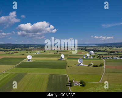 Satelliten-Bodenstation Raisting, Oberbayern, Deutschland Stockfoto