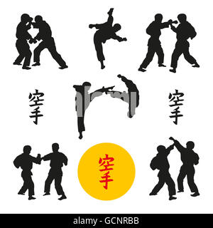 Hieroglyphe des Karate und Männer demonstrieren Karate. Stockfoto