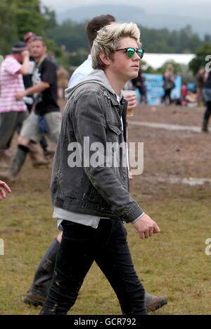 Niall Horan aussehen gleichermaßen Liam Fergusson, die Mitglied einer einseitig Tribut-Band namens derjenige und nur Richtung am zweiten Tag des T im Park, das jährliche Musikfestival Schloss Strathallan, Perthshire. Stockfoto