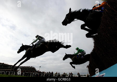 Midnight Chase unter der Leitung von Dougie Costello führt das Feld auf dem Weg zum Sieg in der Handicap Chase Sportingbet.com auf der Pferderennbahn Cheltenham an. Stockfoto