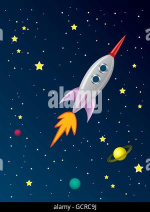 Vektor-stilisierte Retro-Rakete im Weltraum Stock Vektor
