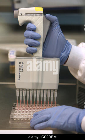 Ein Mitarbeiter arbeitet in einem Labor im neuen Influenza Resource Center am National Institute of Biological Standards and Control der Health Protection Agency in South Minns, Hertfordshire. Stockfoto