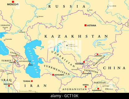 Kaukasus und in Zentralasien politische Karte mit Länder, Hauptstädte, Landesgrenzen, wichtige Städte, Flüsse und Seen. Stockfoto