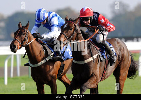 Pferderennen - Weatherbys Jump Meeting - Kempton Park. Der Jockey Wayne Hutchinson auf Iolith führt Joe Tizzard auf Ballinteni (l) auf dem Weg zum Sieg der größten Hürde der Londoner irischen Anfängerin Stockfoto