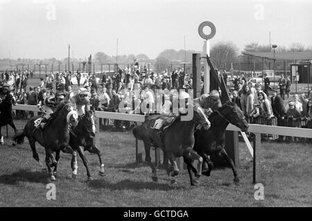 Fiery Hugh (auf Schienen), geritten von Willie Carson, übergibt den Posten eines Kurzkopfsiegers von Waltz (Nr. 4), zusammen mit Jimmy Lindley Up, in den Empire Handicap Stakes in Bath. Der dritte Platz in der Länge ist Sovereign Ruler (Nr. 5, extrem links) von EINEM Murray geritten. Stockfoto