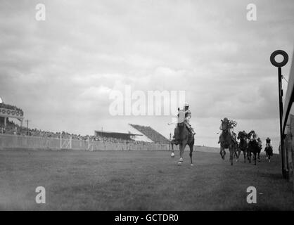 Champion Jockey Gordon Richards schaut sich den Rest des Feldes an, als er die Pulteney Plate gewinnt. Stockfoto