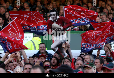 Llanelli Scarlets Fans zeigen ihre Unterstützung in den Tribünen als Sie zeigen einen Karton-Ausschnitt aus ehemaligen Llanelli und Wales Fliegen Sie halb Phil Bennett Stockfoto