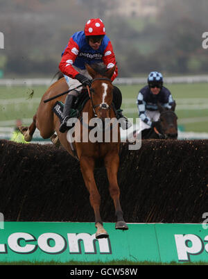 Der Jockey Timmy Murphy auf Ghizao springt auf den letzten Platz und gewinnt die Verfolgungsjagd für Newcomer der Independent Newspaper (registriert als die Verfolgungsjagd für Novembernovizen) während des Open Sunday Day auf der Pferderennbahn Cheltenham. Stockfoto